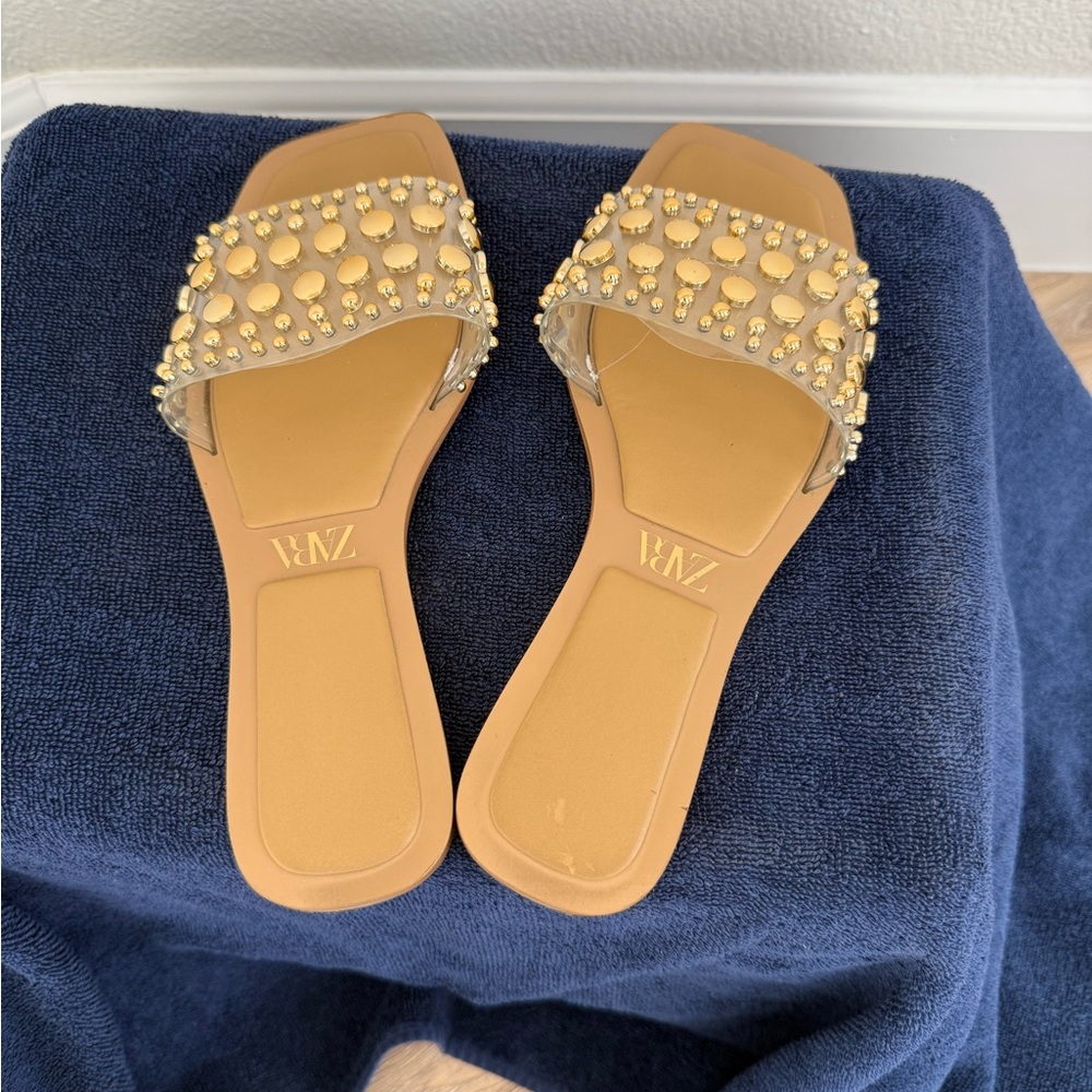 Zara Tan Embellished Sandals with Luxe Details